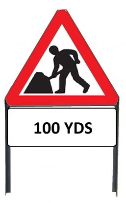     Men At Work Metal Sign with '100yd' Supplementary Plate in Frame with Clips
