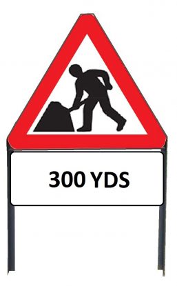 	Men At Work Metal Sign with '300yd' Supplementary Plate in Frame with Clips

