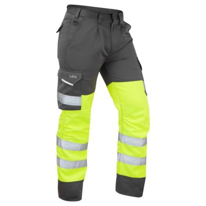     LEO Bideford Heavyweight Hi-Vis Poly / Cotton Cargo Trousers - Yellow/Grey
